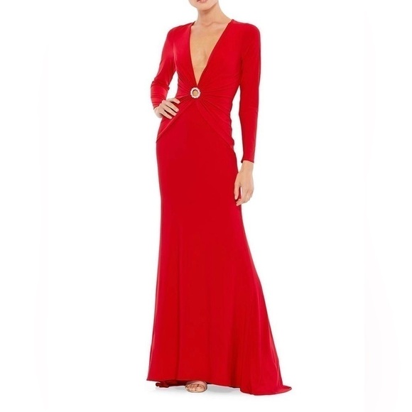 Nwt Ieena by Mac Duggal Gathered Pearl Long Sleeve  Keyhole Gown Dress in Red - Picture 1 of 12